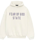 Authentic Fear of God Essential White Cream Hoodie w/ Blue Letters.