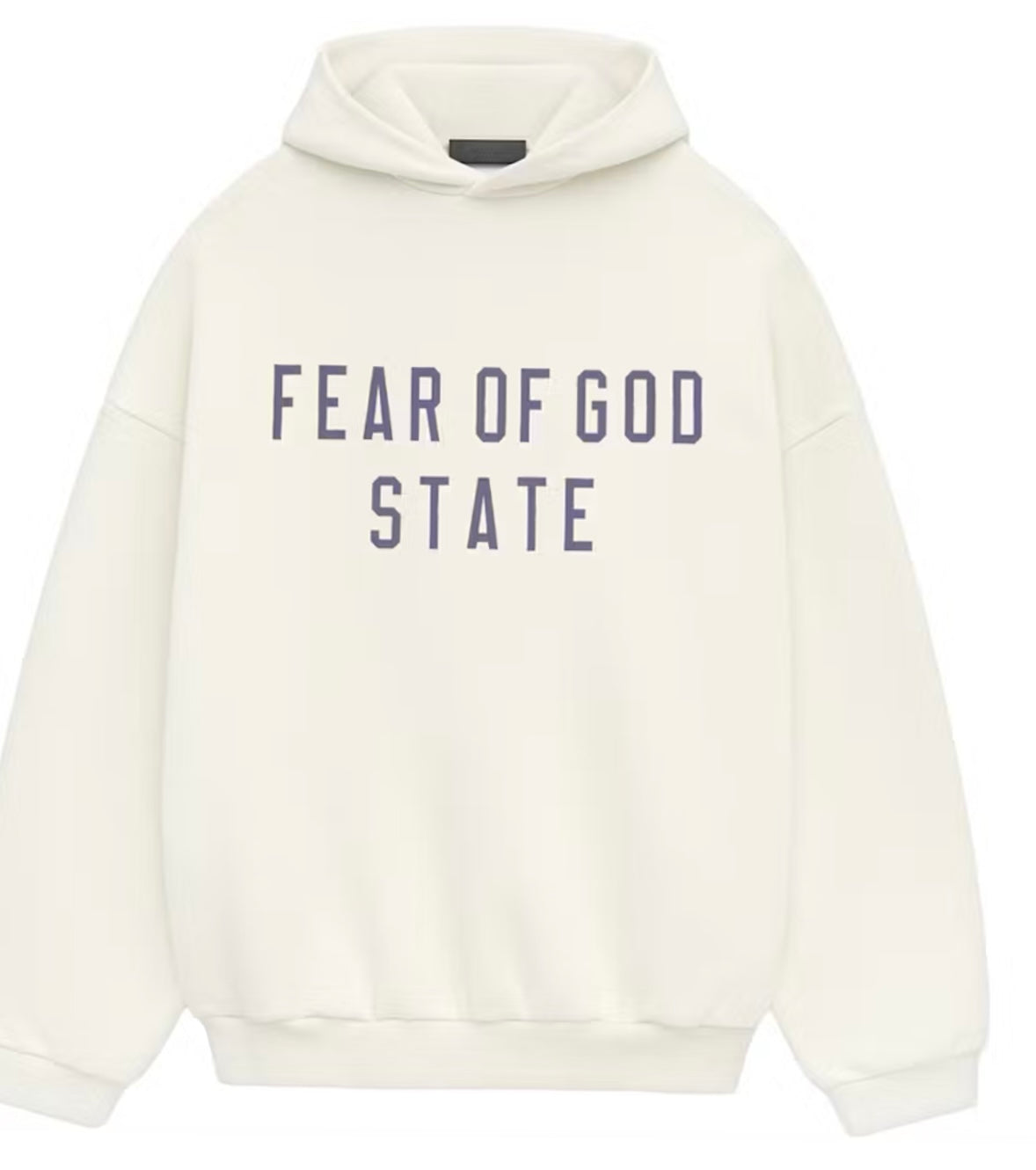 Authentic Fear of God Essential White Cream Hoodie w/ Blue Letters.